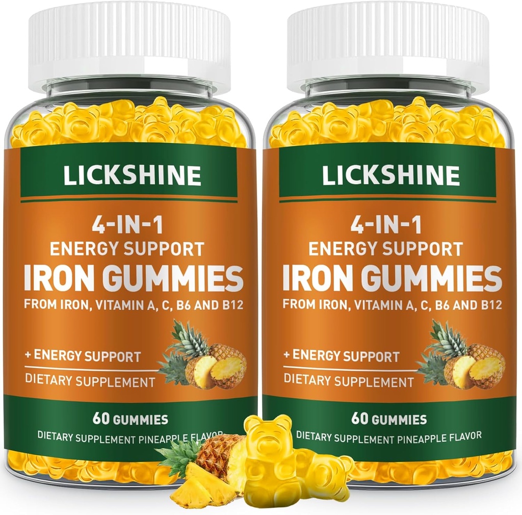 2 Πακέτο Vegan 100MG Συμπληρώματα σιδήρου Gummies για γυναίκες & άνδρες - με βιταμίνη C, Α, Β για ενήλικες & παιδιά - Ενεργειακή υποστήριξη για την έλλειψη σιδήρου, αναιμία - Ανανάς Γεύση (120 Ct)