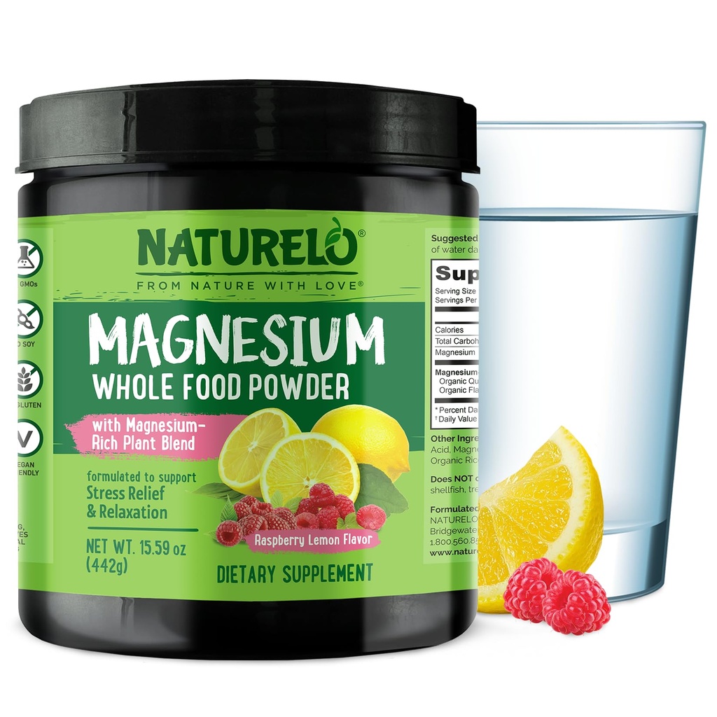 NATURELO Μαγνήσιο Σκόνη - Ολόκληρο το φαγητό Ηρεμία Μαγνήσιο Σκόνη με Quinoa, Κουνουπίδι, & flaxseed για ανακούφιση από το στρες, Βατόμουρο Λεμόνι 85 Σερβίρει, 15oz