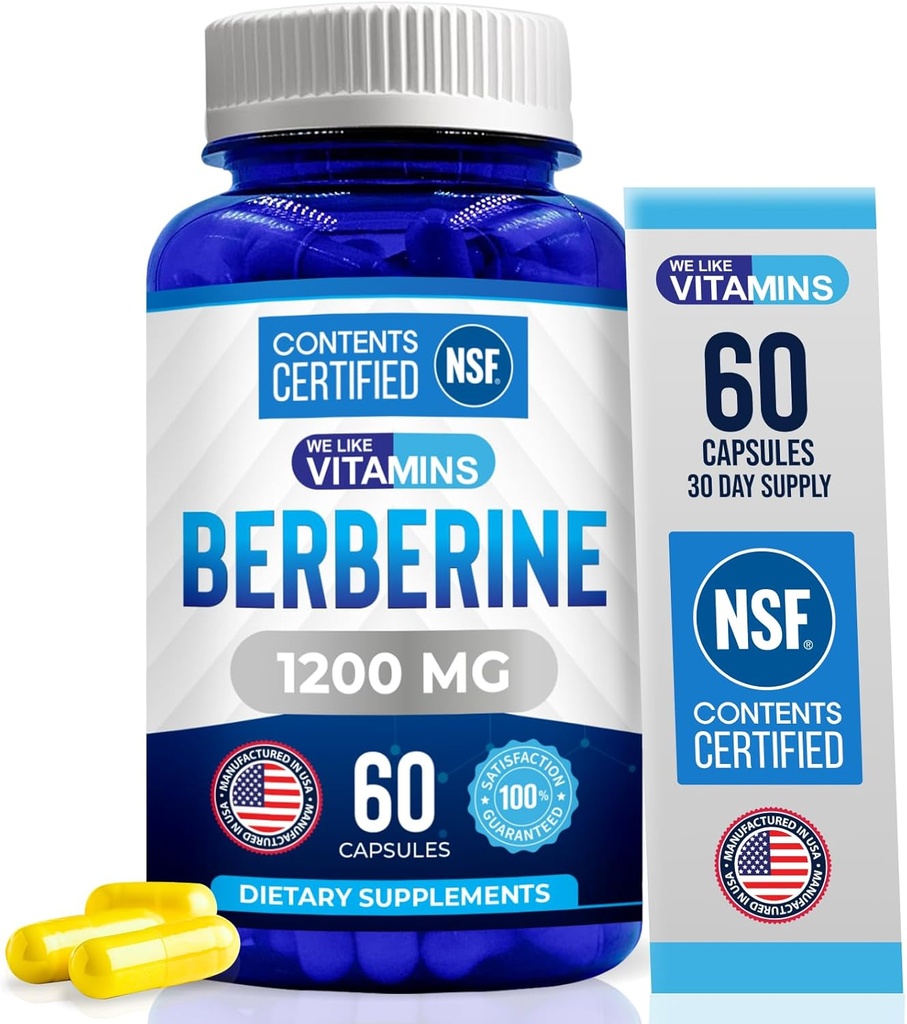 We Like Vitamins | NSF Certified Berberine Supplement, 1200mg, Pure Max Strength Berberine HCL - 60 Vegetarian Capsules (Gluten Free, Non GMO) - 30 Servings