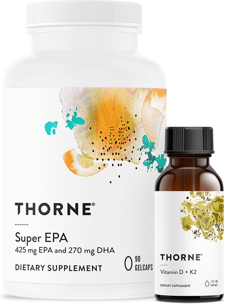THORNE - Super EPA (90 Gelcaps) & Βιταμίνη D + K2 (1 Oz) Bundle - Υποστηρίζει την υγεία των οστών, μυϊκή δομή και κοινή υγεία - Γλουτένη, γαλακτοκομικά & χωρίς σόγια