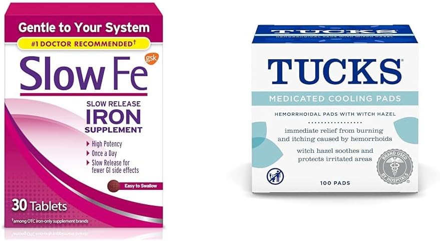 Slow Fe 45mg συμπλήρωμα σιδήρου για δισκία ανεπάρκειας σιδήρου & Tucks Φάρμακα ψύξης για αιμορροΐδες, 100 Count