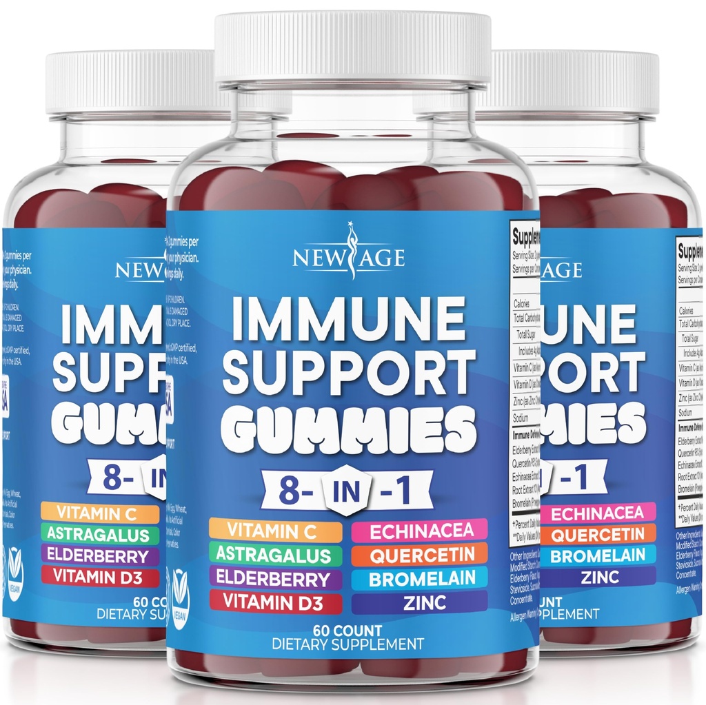 NEW AGE 8 in 1 συμπλήρωμα ενίσχυσης ανοσοποιητικής υποστήριξης με ρίζα Astragalus, βιταμίνη C και ψευδάργυρο 50mg, βιταμίνη D 5000 IU, Quercetin & Bromelain (8 in 1 Gummies (Pack of 3))