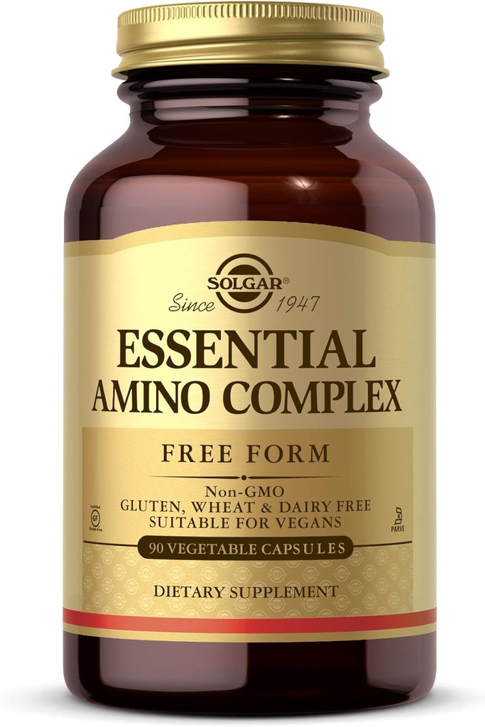 Solgar Essential Amino Complex, 90 κάψουλες λαχανικών - Free Form Essential Amino Acids - Μη ΓΤΟ, Vegan, Χωρίς γλουτένη, Χωρίς γαλακτοκομικά, Kosher - 90 Σερβιέτες