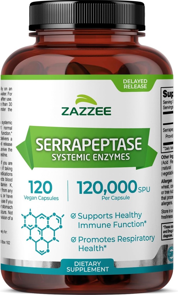 Zazzee Καθυστερημένη απελευθέρωση Serrapeptase, 120.000 SPU ανά κάψουλα, 120 κάψουλες Vegan, 4 μήνες προσφοράς, επιπλέον δύναμη, ισχυρή και συμπυκνωμένη συστηματικά ένζυμα, 100% χορτοφάγοι, όλα-φυσικά και μη-ΓΤΟ