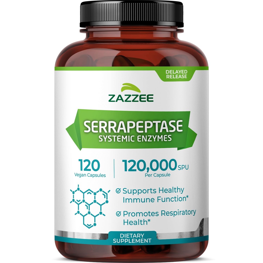 Zazzee Καθυστερημένη απελευθέρωση Serrapeptase, 120.000 SPU ανά κάψουλα, 120 κάψουλες Vegan, 4 μήνες προσφοράς, επιπλέον δύναμη, ισχυρή και συμπυκνωμένη συστηματικά ένζυμα, 100% χορτοφάγοι, όλα-φυσικά και μη-ΓΤΟ