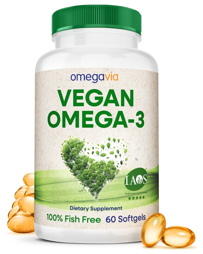 OmegaVia Vegan Omega 3 συμπλήρωμα, Algae Omega 3 Fish Oil Εναλλακτική, 300mg Vegan DHA λιπαρά οξέα, Planet και Ocean Friendly, IAOS 5 Star Tested, 60 Softgels