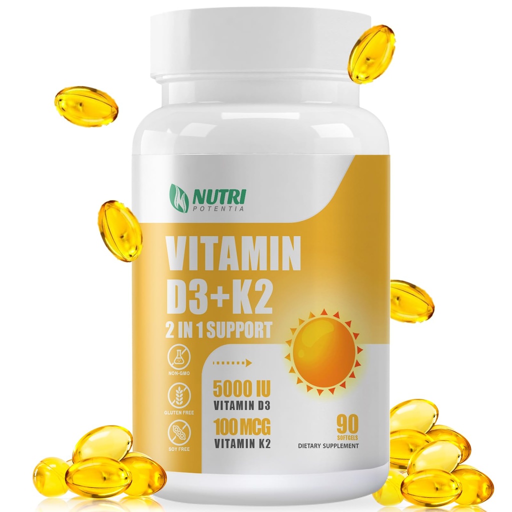 Συμπλήρωμα βιταμίνης D3 K2 με MCT Oil, βιταμίνη D3 5000 IU και K2 100 mcg Softgel, Bone and Heart Health Supplement, Gluten Free - 90 Count Softgels