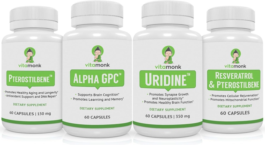 VitaMonk Resveratrol, Pterostilbene, Alpha GPC και Uridine Bundle - Longevity and Brain Boosting Stack