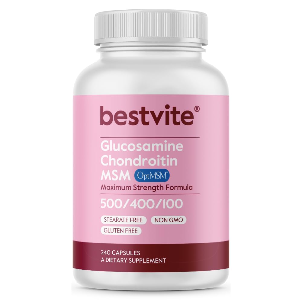 BESTVITE Glucosamine Chondroitin MSM 500/400/100 ανά καψάκιο (240 κάψουλες) με πατενταρισμένο OptiMSM - Μέγιστη δύναμη Φόρμουλα για Κοινή Υποστήριξη - Χωρίς Stearates - Χωρίς γλουτένη - Μη ΓΤΟ