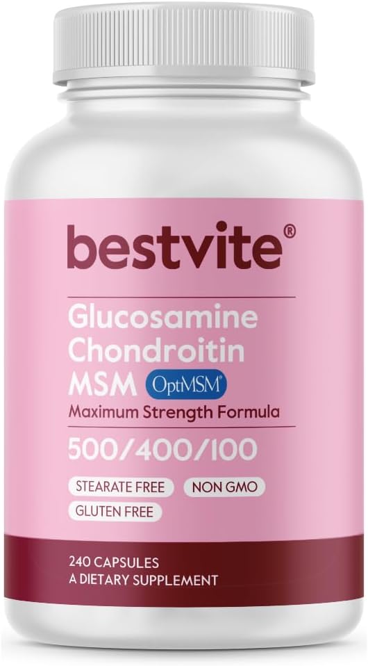 BESTVITE Glucosamine Chondroitin MSM 500/400/100 ανά καψάκιο (240 κάψουλες) με πατενταρισμένο OptiMSM - Μέγιστη δύναμη Φόρμουλα για Κοινή Υποστήριξη - Χωρίς Stearates - Χωρίς γλουτένη - Μη ΓΤΟ