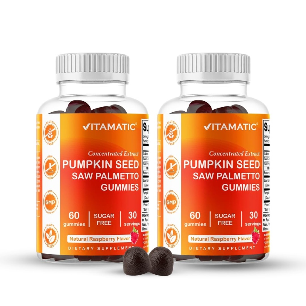 Vitamatic Pumpkin Seed 20:1 Extract & Saw Palmetto 10:1 Extract Gummies – Sugar-Free Botanical Extract – Natural Raspberry Flavor – Vegan, Non-GMO, Plant-Based Gummies – 60 Count - 2 Pack (120 Count)