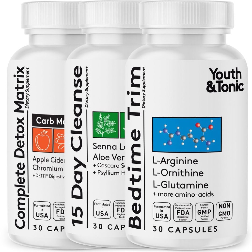 Youth & Tonic Amino Acids Bedtime Trim 15 Day Colon Cleanser & ACV Detox | for Detox Cleanse Metabolism & Lean Muscles | 90 Pills