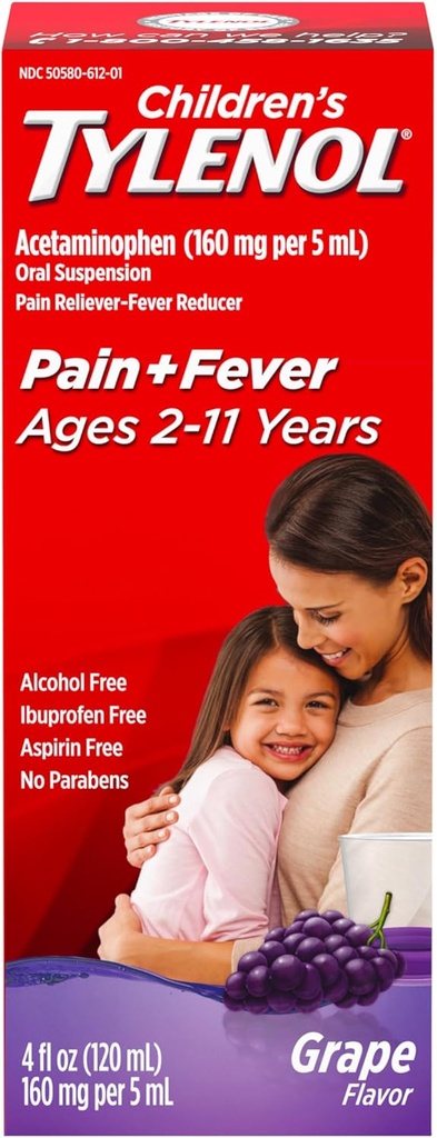 Children's Tylenol Liquid Oral Suspension Medicine, Acetaminophen Pain Reliever & Fever Reducer for Cold + Flu Symptoms & Sore Throat, Aspirin-, Ibuprofen- & Alcohol- Free, Grape, 4 fl. oz