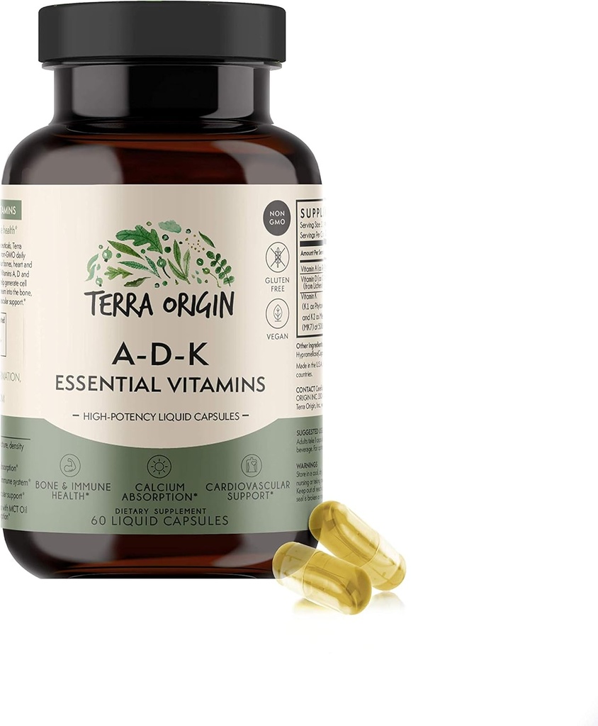 TERRA ORIGIN ADK Essential Vitamin Supplement | 60 Liquid Capsules | High Potency Vitamin A, D 5000 IU, K1 and K2 | Non GMO, Gluten Free, Vegan, Made in USA