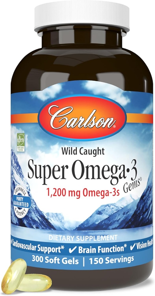 Carlson - Super Omega-3 πολύτιμοι λίθοι, 1200 mg Ωμέγα-3 λιπαρά οξέα με EPA και DHA, συμπλήρωμα νορβηγικού ιχθυελαίου άγριας καλλιέργειας, Που πηγάζουν με βιώσιμο τρόπο κάψουλες 300 Softgels