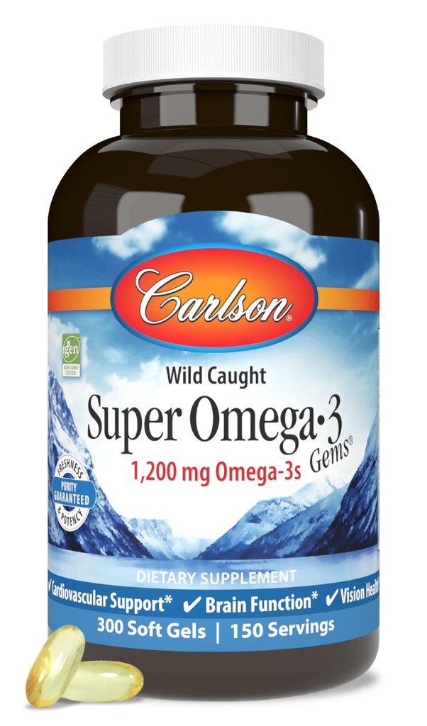Carlson - Super Omega-3 πολύτιμοι λίθοι, 1200 mg Ωμέγα-3 λιπαρά οξέα με EPA και DHA, συμπλήρωμα νορβηγικού ιχθυελαίου άγριας καλλιέργειας, Που πηγάζουν με βιώσιμο τρόπο κάψουλες 300 Softgels
