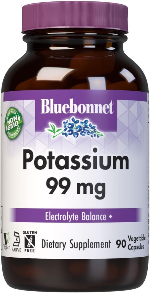 Bluebonnet Συμπληρώματα καλίου Ασπαρτάτη 99mg Essential Mineral Supplements for Electrolyte Balance - Μη ΓΤΟ, Vegan, Kosher Certified, Χωρίς γλουτένη, Χωρίς σόγια, Χωρίς γαλακτοκομικά - 90 κάψουλες λαχανικών