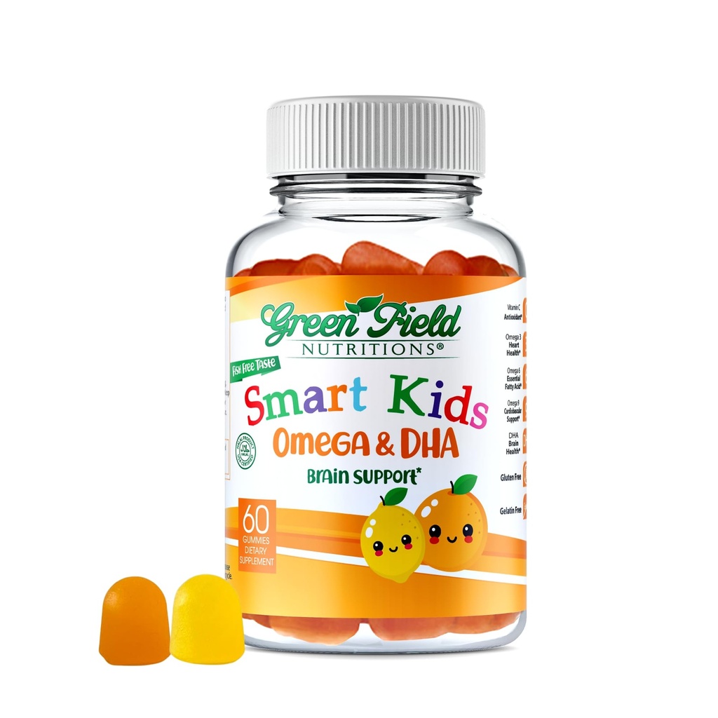 Greenfield Διατροφές Smart Kids Halal Omega 3 Gummies με DHA - 60 Βιταμίνες Haal για τα παιδιά, Υποστηρίζει τον εγκέφαλο και την ανοσοποιητική υγεία - Vegan, μη-GMO, Γλουτένη, Glatin-free και φυστικοβούτυρο-ελεύθερο halal Gummy Βιταμίνες