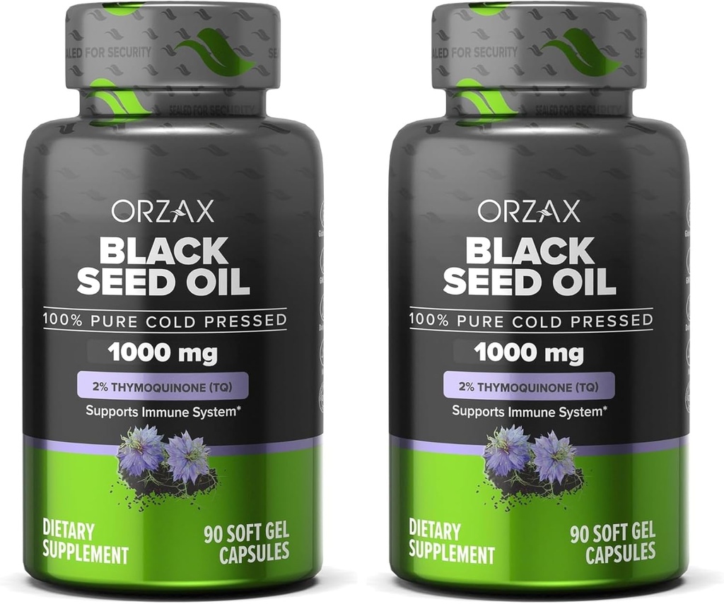 ORZAX Black Seed Oil 1000 mg Βιολογικές κάψουλες ψυχρής συμπίεσης για τα μαλλιά, το δέρμα και τις αρθρώσεις - Πλούσιο σε Ωμέγα 3 6 9 - Μη ΓΤΟ, Χωρίς γλουτένη - (90 κάψουλες μαλακού γέλη) (πακέτο του 2)
