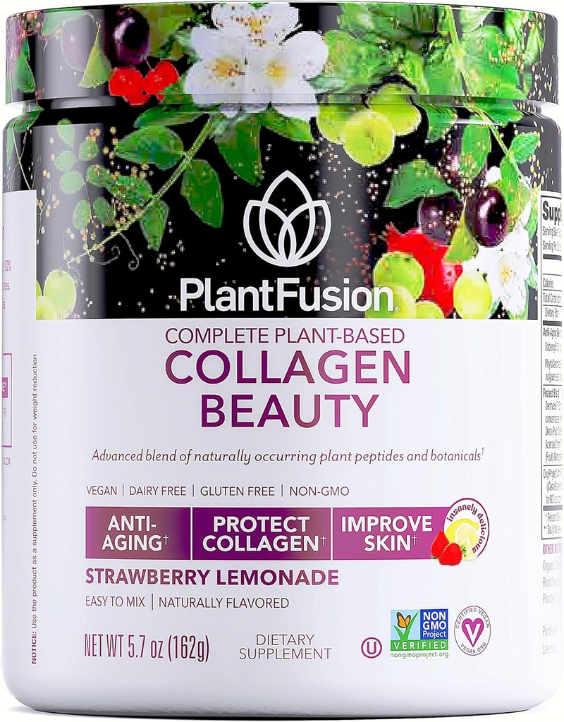 PlantFusion Vegan Collagen Beauty - Vegan Collagen Powder for Women - Δέρμα μαλλιών και νύχια Βιταμίνες - Χωρίς γλουτένη, μη-GMO, μη-Dairy (Strawberry Λεμονάδα 18 Σερβίρει)