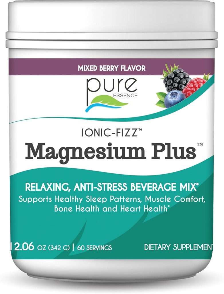 Pure Essence Labs Ionic Fizz Magnesium Plus, Anti-Stress Supplement Drink Powder, Gluten Free και Non-GMO Magnesium Powder (Mixed Berry, 12.06 Ουγγιά (Pack of 1))