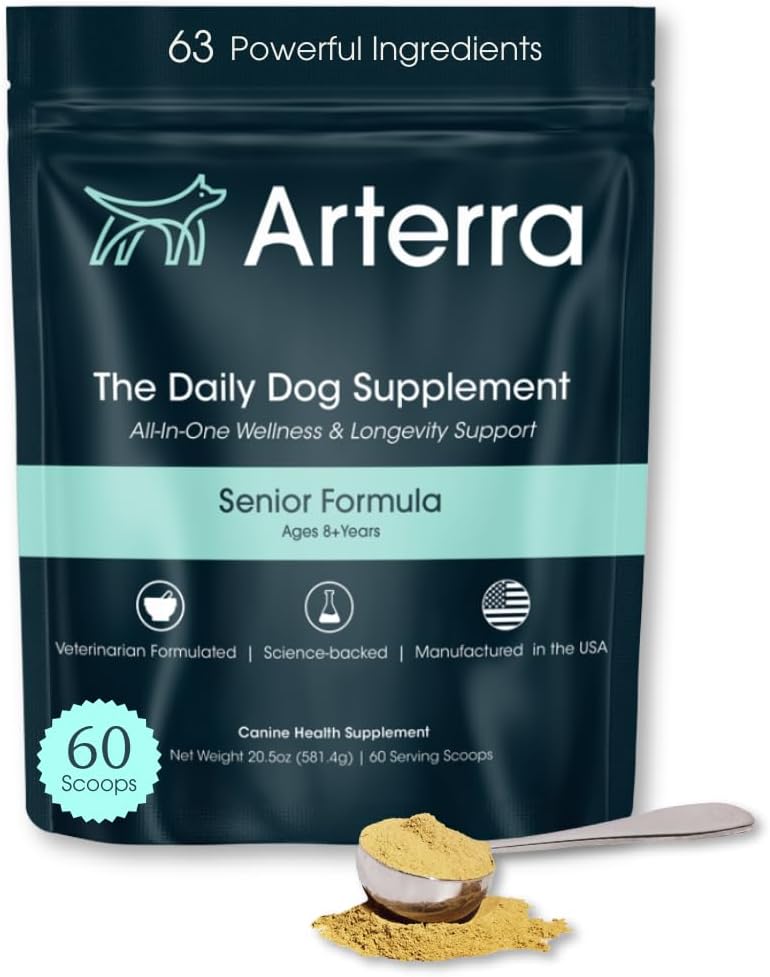 Senior Dog Powder Supplement & Food Topper – 63 Συστατικά για το κοινό, το έντερο, το ανοσοποιητικό και το εγκεφαλικό υγεία – Καθημερινή μακροβιότητα Πολυβιταμίνη με γλυκοζαμίνη, προβιοτικά και ιχθυέλαιο 