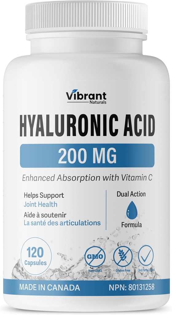 Hyaluronic Acid Supplement 200mg - 120 κάψουλες, με βιταμίνη C 100mg, κοινή & δερματική υγεία, ζύμωση μη ΓΤΟ, χωρίς γλουτένη, δοκιμή τρίτου μέρους, βιοδιαθέσιμη φόρμουλα