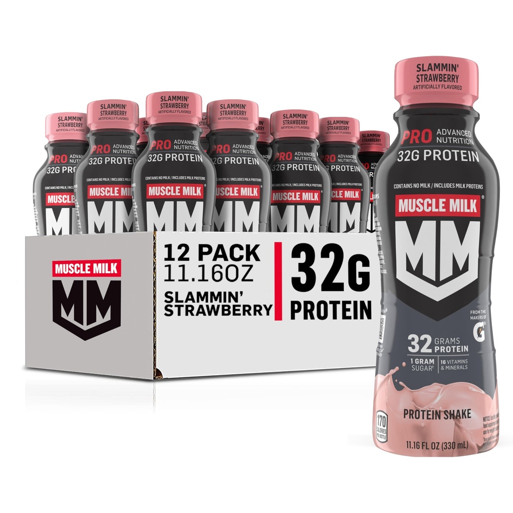 Muscle Milk Pro Advanced Nutrition Protein Shake, Slammin' Strawberry, 11.16 Fl Oz (Pack of 12), 32g Protein, 1g Sugar, 16 Βιταμίνες & Ορυκτά, 5g Fiber