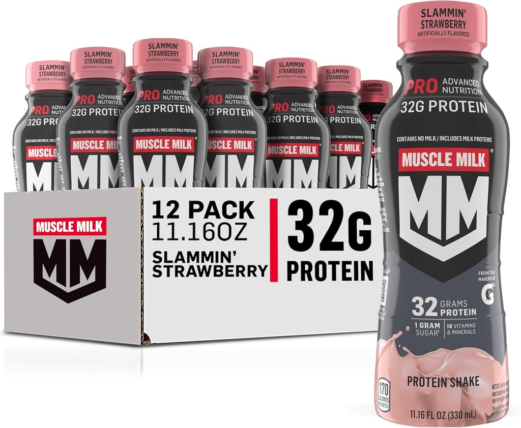 Muscle Milk Pro Advanced Nutrition Protein Shake, Slammin' Strawberry, 11.16 Fl Oz (Pack of 12), 32g Protein, 1g Sugar, 16 Βιταμίνες & Ορυκτά, 5g Fiber