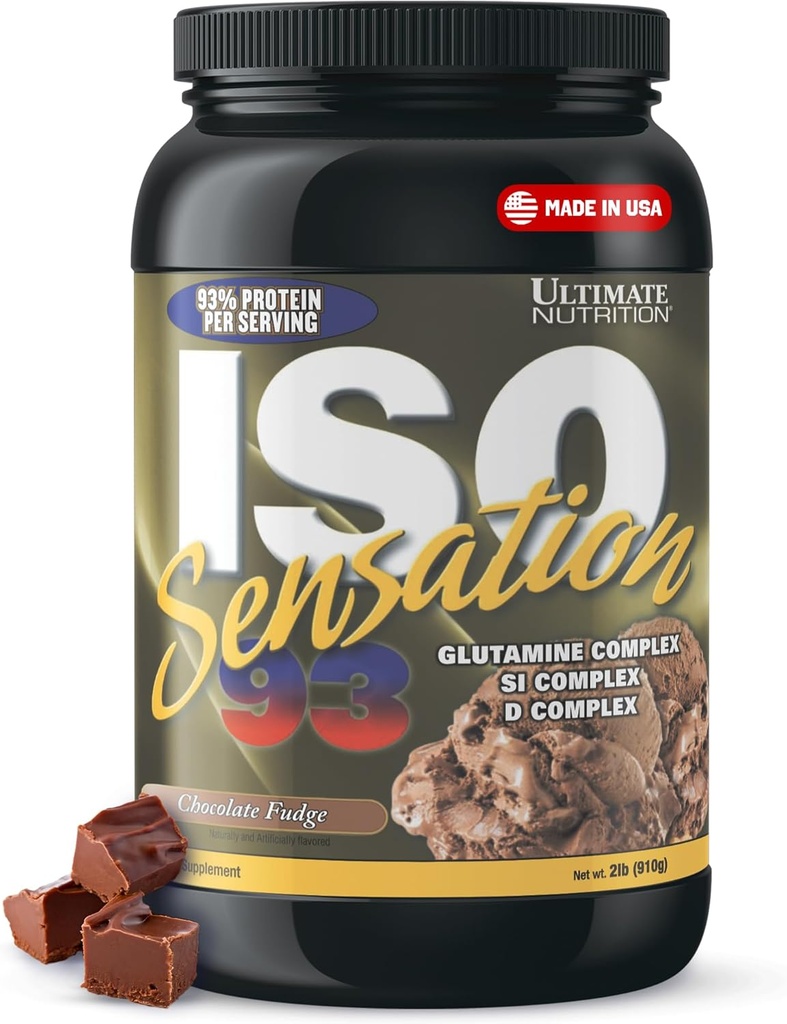 Ultimate Nutrition Whey Protein Isolate Powder with Glutamine Complex, ISO Sensation 93 - Whey Protein Powder with Added Colostrum for Enhanced Recovery, Immunity & Gut Health - Σοκολάτα Fudge, 2lbs