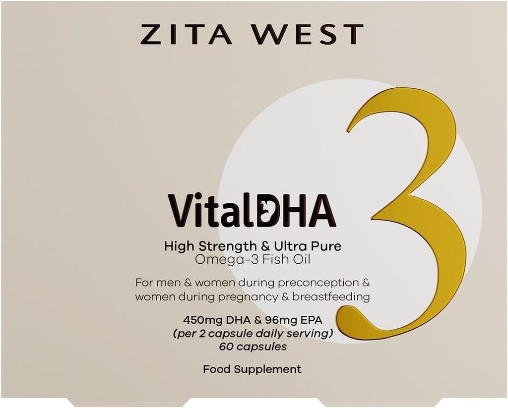 Zita West Vital DHA – Προγεννητική DHA και EPA με ψευδάργυρο για γονιμότητα, εγκυμοσύνη και θηλασμό – Ωμέγα 3 για την ανάπτυξη του εγκεφάλου – 60 κάψουλες (1 μήνας προμήθεια)