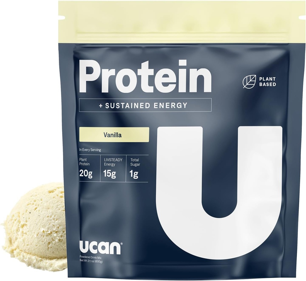 UCAN Energy + Plant Protein Powder - Vegan Plant Based Protein 20g Pea Protein with Amino Acids EAAs & BCCAs - Keto Protein Powder - Δεν Προστέθηκε Ζάχαρη, Χωρίς Γλουτένη - Βανίλια - 12 Σερβιέτες