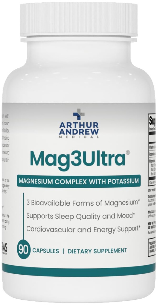 Arthur Andrew Medical, Mag3Ultra Triple Magnesium Supplement, Sucrosomial, Bisglycinate, Taurate για τους μυς, το άγχος, τη διάθεση, τα νεύρα, τα οστά και την υποστήριξη της καρδιάς, 90 κάψουλες