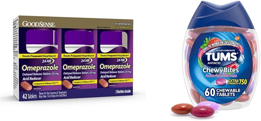 GoodSense Omeprazole Tablets 14 Count (3 Pack) and TUMS Chewy Bites Antacid Tablets 60 Count