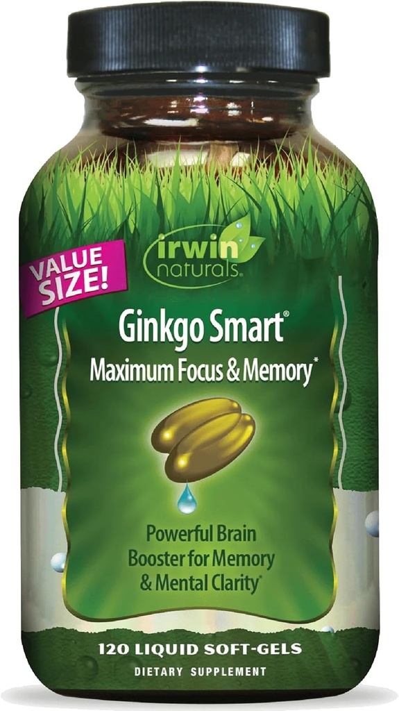Irwin Naturals Ginkgo Smart Poweric Nootropic Brain Booster - Υποστηρίζει μέγιστη μνήμη, εστίαση & διανοητική σαφήνεια με DMAE, Clubmoss, Choline & Acetyl L-Καρνιτίνη - 120 Liquid Softgels