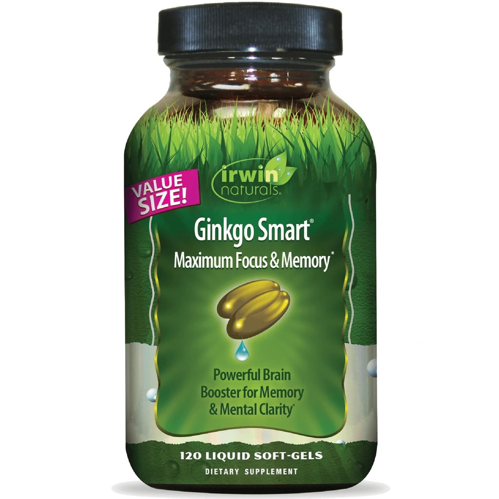 Irwin Naturals Ginkgo Smart Poweric Nootropic Brain Booster - Υποστηρίζει μέγιστη μνήμη, εστίαση & διανοητική σαφήνεια με DMAE, Clubmoss, Choline & Acetyl L-Καρνιτίνη - 120 Liquid Softgels