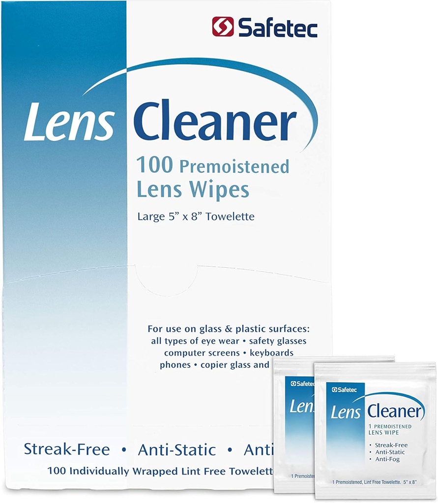 Safetec Lens & Eyeglasses Cleaning Wipes, Pre-Moistened Wipes (2 Pack of 100ct Boxes - 200 Cleaning Cloths)