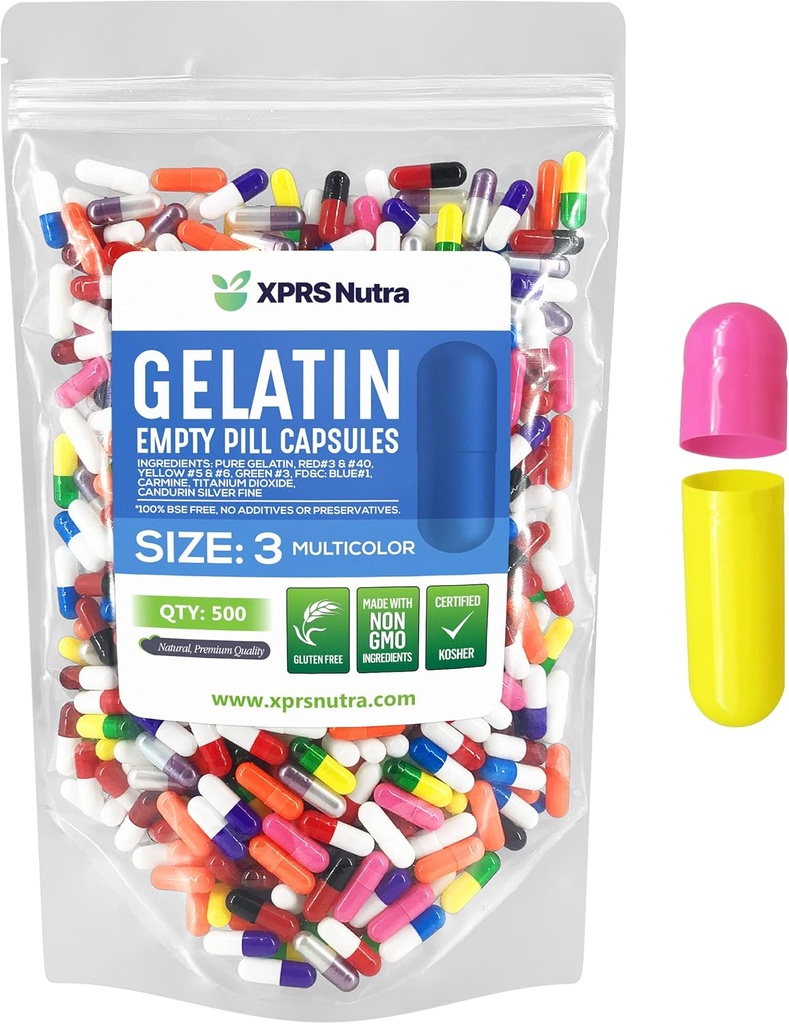 XPRS Nutra Μέγεθος 3 Κενές κάψουλες - 500 Count Empty Gelatin Κάψουλες - Χάπια DIY Καψάκιο Γέμισμα - Αγνά καπάκια τζελ Μπόβιν Χάπια Γέμισμα Do-It-Yourself Βιταμίνες και συμπληρώματα (Multi Color)