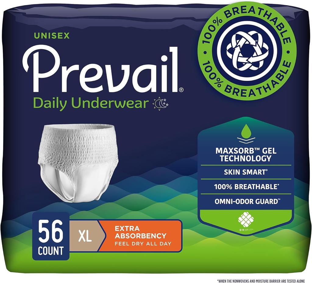 Prevail Daily Protective Underwear - Unisex Adult Incontinence Underwear - Disposable Adult Diaper for Men & Women - Maximum Absorbency - X-Large - 56 Count (4 packs of 14)