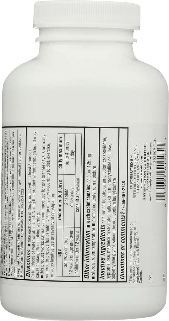 Reite Aid Fiber Therapy Caplets, Calcium Polycarbophil 625mg - 250 Count, Laxatives for Constipation, Fiber Pills for Adults
