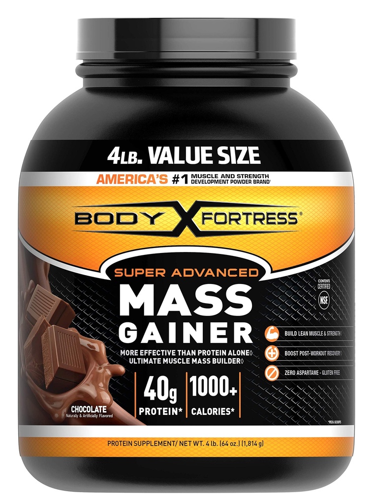 Body Fortress Super Advanced Gainer Μάζας, Σοκολάτα Πρωτεΐνη Plus Πλεονεκτήματα Θερμίδες για μυϊκή μάζα Gain Υποστήριξη 1-4lb. Βάζο