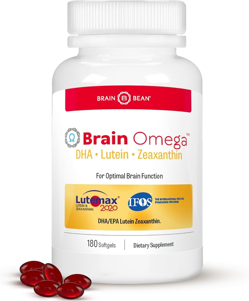 Brain Omega with Lutein and Zeaxanthin – Omega 3 Supplement for Brain, Heart & Eye Health – 460 mg DHA, 90 mg EPA, Lutein and Zeaxanthin Supplements – 180 Softgels (90 Servings)