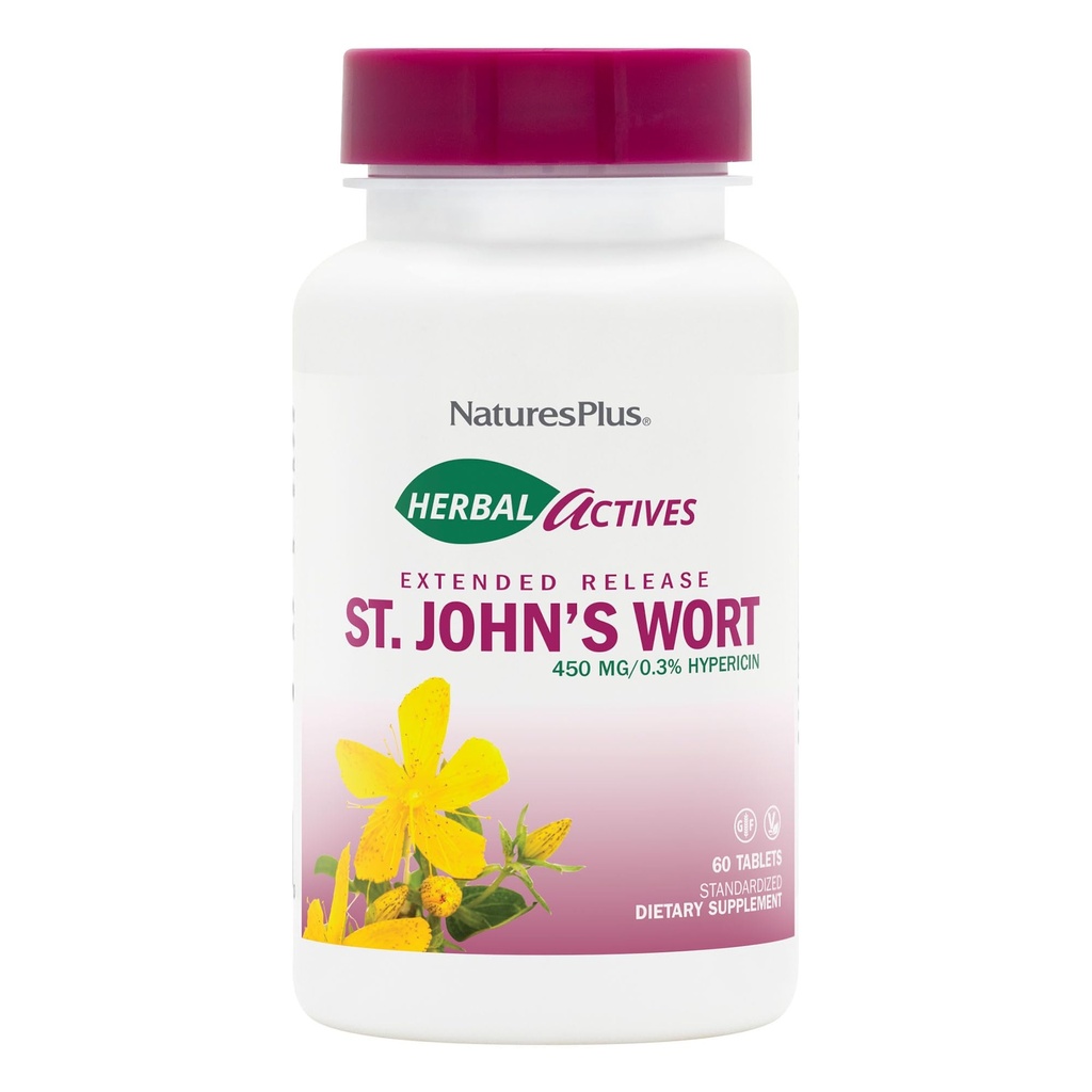NaturesPlus Herbal Actives St John's Wort, Extended Release - 450 mg, 60 Vegan Tablets - Χορτοφαγικά, Χωρίς Γλουτένη - 60 Σερβιέτες
