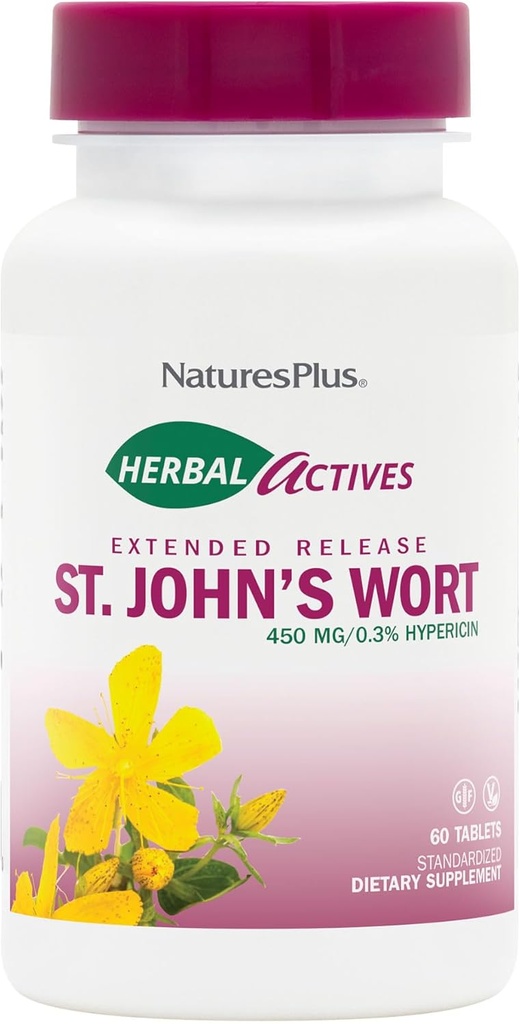 NaturesPlus Herbal Actives St John's Wort, Extended Release - 450 mg, 60 Vegan Tablets - Χορτοφαγικά, Χωρίς Γλουτένη - 60 Σερβιέτες