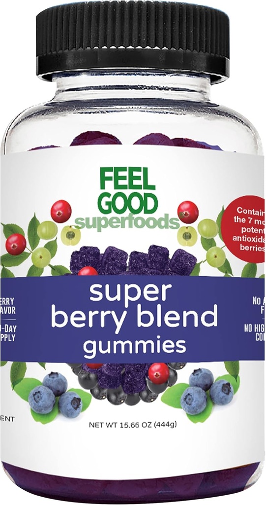 FeelGood Superfoods Super Berry Multivitamin Supplements, Acai, Amla, Lingonberry, Maqui, Bilberry, and Aronia Berry Gummies, Berry Flavor, Vegan, Non-GMO, 60 Count