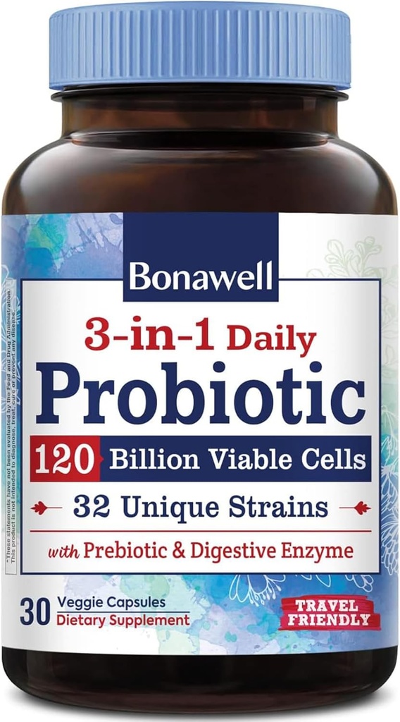 Bonawell Probiotics 120 Billion CFU 32 Strains with Prebiotics, Digestive Enzymes for Gut Health, 3-in-1 Daily Probiotic, Shelf-Stable, Delayed-Release, 30 Veggie Caps