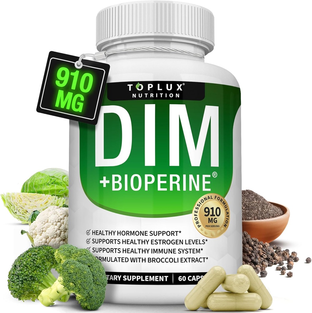 Dim Supplement 910 mg Plus BioPerine Complex - Diindolylmethane για την υποστήριξη της ισορροπίας ορμονών και οιστρογόνων Μεταβολισμός, Βοηθά με την εμμηνόπαυση Ακμή PCOS Better Skin Bodybuilding, για άνδρες γυναίκες, 60 κάψουλες