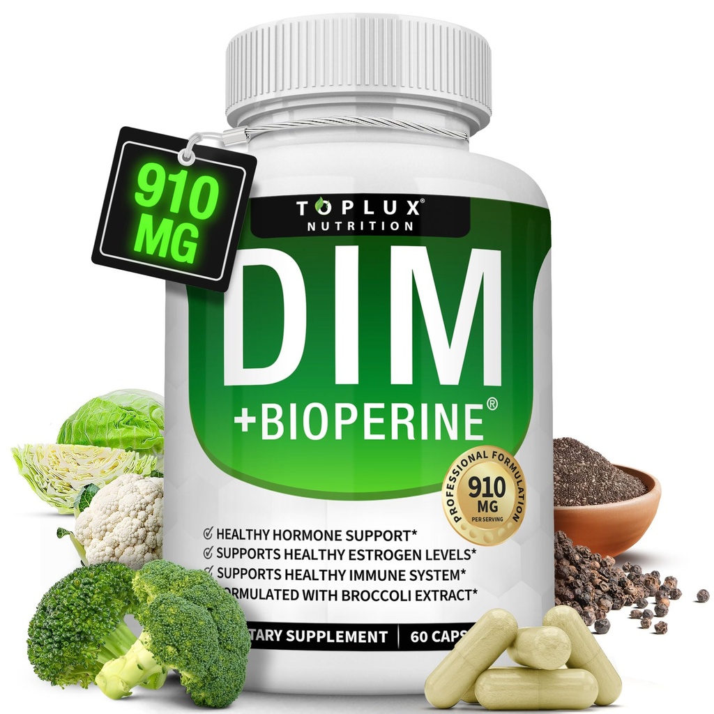 Dim Supplement 910 mg Plus BioPerine Complex - Diindolylmethane για την υποστήριξη της ισορροπίας ορμονών και οιστρογόνων Μεταβολισμός, Βοηθά με την εμμηνόπαυση Ακμή PCOS Better Skin Bodybuilding, για άνδρες γυναίκες, 60 κάψουλες