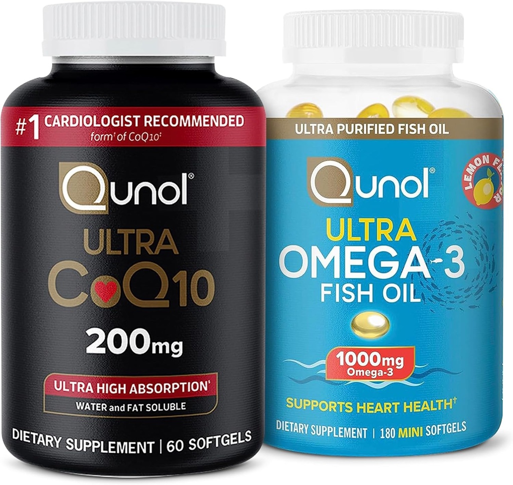 Qunol CoQ10 100mg Softgels, 3X Καλύτερη Απορρόφηση, 4 Μήνες Προμήθεια, 120 Count + Fish Oil Omega 3 Mini Softgels, 1000mg Omega 3 EPA + DHA, 3 Μήνες Προμήθεια, 180 Count