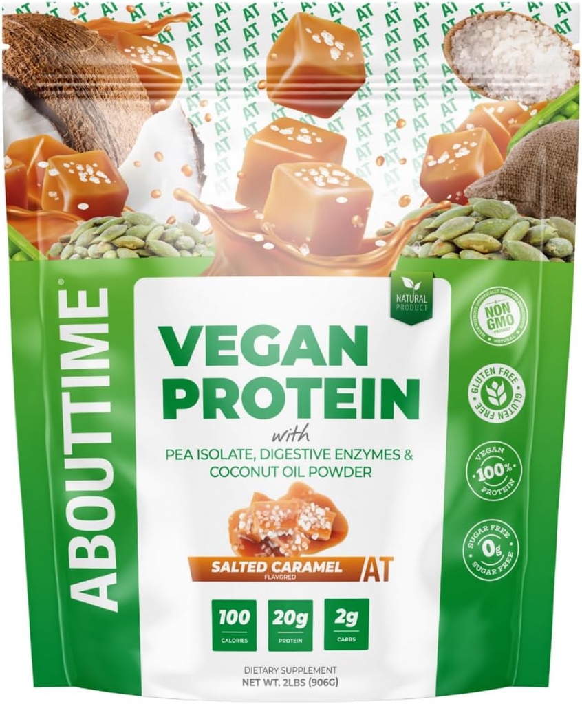 Περίπου χρόνο Vegan Protein Powder 20g Αλατισμένα Caramel, φυσικά συστατικά, μη ΓΤΟ, Φυτική βάση, Χωρίς γλουτένη, Χωρίς σόγια, Χωρίς γαλακτοκομικά, 32 υπηρεσίες